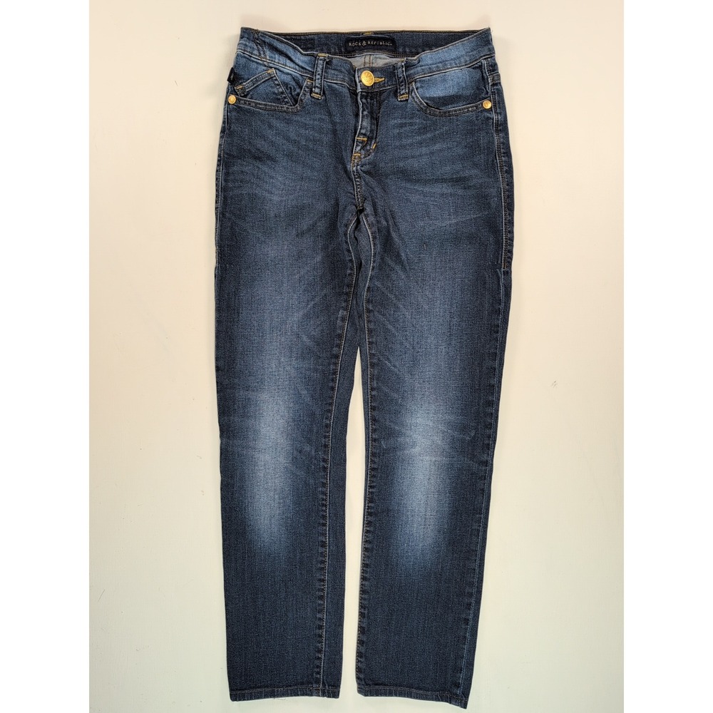 Rock & Republic Berlin Dark Wash Straight Leg Jeans Gold Logo Pockets Size 6 - Picture 1 of 13